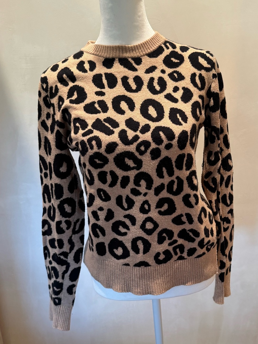 Beige Leopard Print Crewneck Sweater - Women